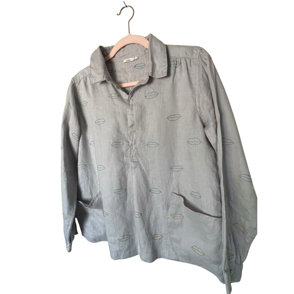 Dolma  Women's Gray Linen Classic Lightweight Embroidered Long Sleeve Top Size S